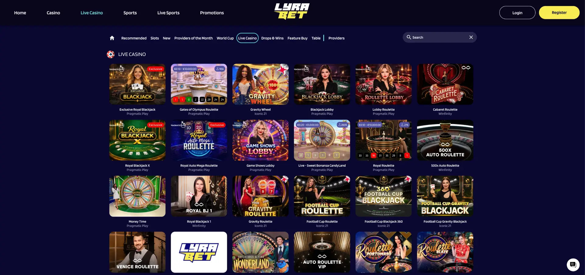 LyraBet live casino lobby LyraBet live casino lobby met roulette blackjack en game shows